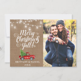 Frohe Weihnachten Y'all Lights Burlap Truck Foto