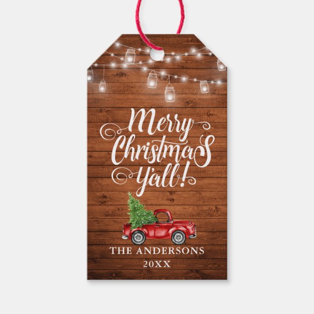 Frohe Weihnachten Y'all Rustic Wood Jar Lights Tru Geschenkanhänger (Vorderseite)