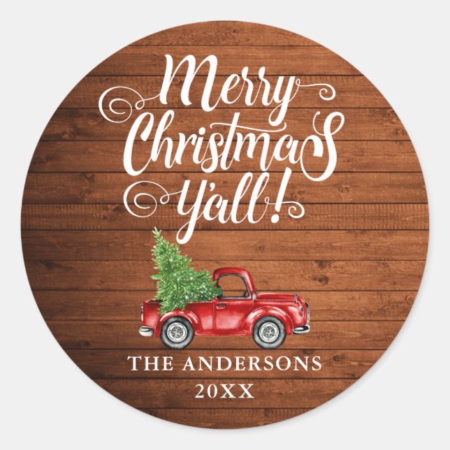 Frohe Weihnachten Y'all Rustic Wood Truck Runder Aufkleber (Vorderseite)