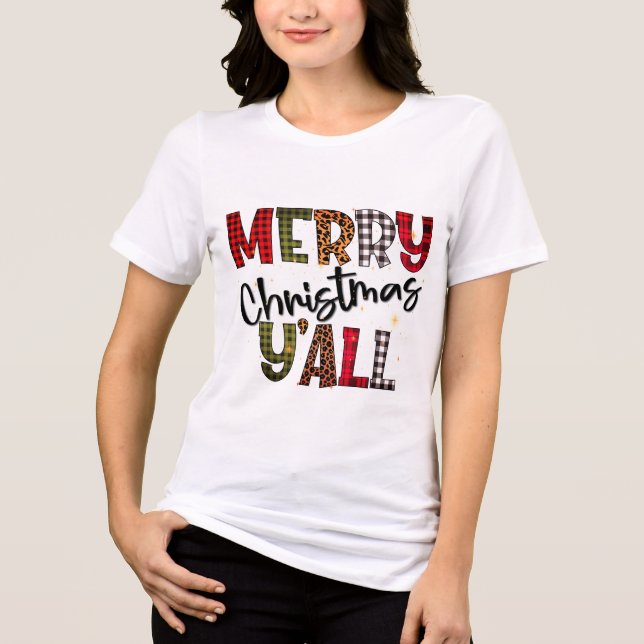 Frohe Weihnachten Y'all Tartan Leopard Print Moder Tri-Blend Shirt (Vorderseite)