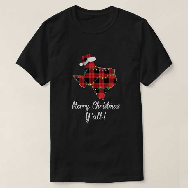 Frohe Weihnachten Y'all Texas Staat Rotes Karierte T-Shirt (Design vorne)