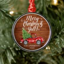 Frohe Weihnachten Y'all Wood Red Truck Round