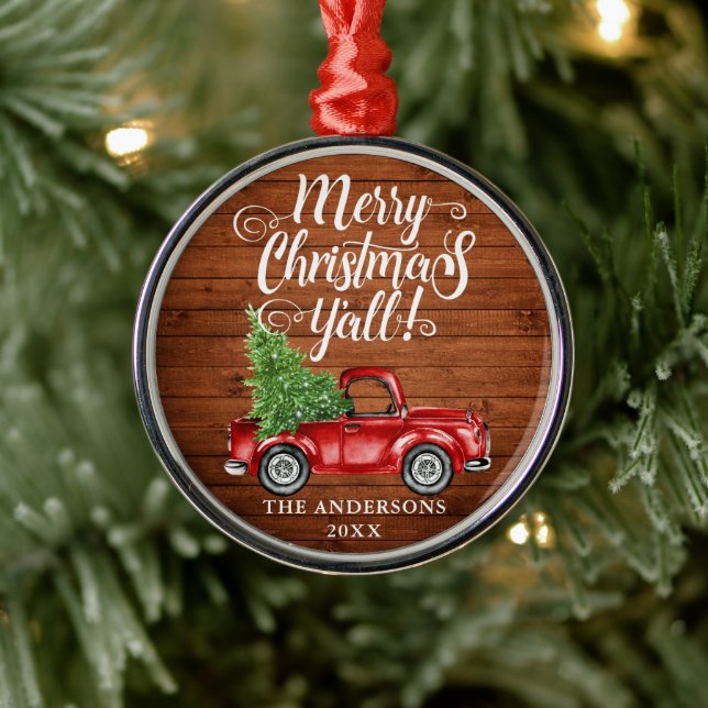 Frohe Weihnachten Y'all Wood Red Truck Round Ornament Aus Metall (Baum)