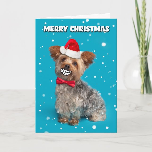 Frohe Weihnachten Yorkie Dog in Weihnachtsmannmütz (Vorderseite)