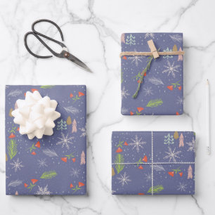 Frohe Weihnachten Zeichnend Bäume Schneeflocken Bl Geschenkpapier Set