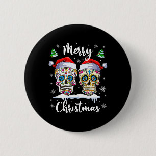 Frohe Weihnachten Zucker Schädel Weihnachtsmannmüt Button