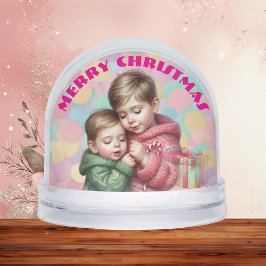 Frohe Weihnachten Zwei Brüder Familienfoto Pastell Schneekugeln