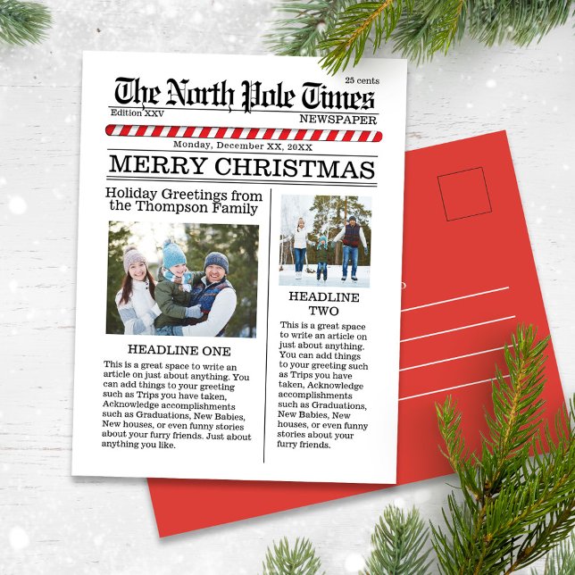 Frohe Weihnachten Zwei Foto Whimsical Fun Newspape (Christmas whimsical cute photo card with a fun Newspaper theme.)