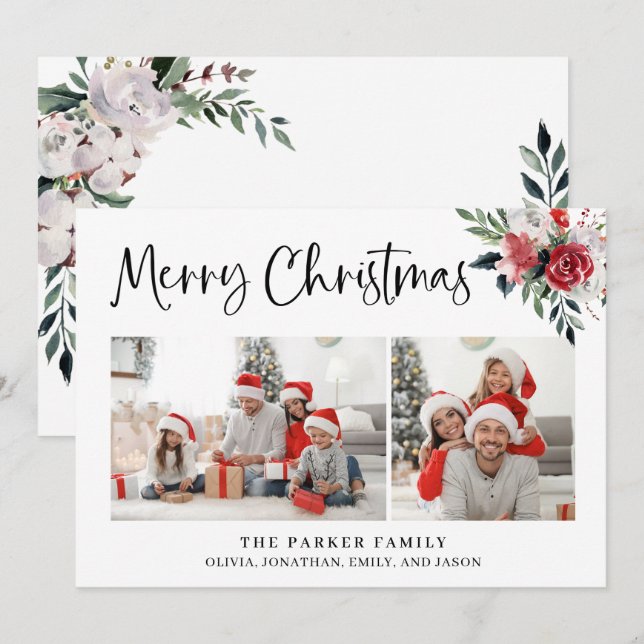 Frohe Weihnachten | Zwei Fotos und Aquarellblumen (Vorne/Hinten)