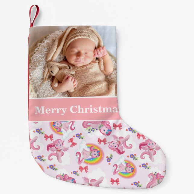 Frohe Weihnachts Baby Foto Unicorn Kleiner Weihnachtsstrumpf (Vorderseite)