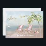 Frohe Weihnachts Beach Flamingo Budget Feiertagskarte<br><div class="desc">Frohe Weihnachten an diesem schönen Watercolor Beach - friedliche und sanfte Szene mit zwei Liegestühlen - freundlicher Flamingo mit schönem Kranz - Palm mit ein paar Ornamenten. Auch in verschiedenen Papiergewichten erhältlich - Ihre Auswahl. Alle Designfragen senden Sie uns einfach eine E-Mail an charmdesignstudio@rcn.com und wir freuen uns, Ihnen behilflich...</div>