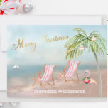 Frohe Weihnachts Beach Flamingo Budget FLAT Urlaub Feiertagskarte<br><div class="desc">Frohe Weihnachten an diesem schönen Watercolor Beach - friedliche und sanfte Szene mit zwei Liegestühlen - freundlicher Flamingo mit schönem Kranz - Palm mit ein paar Ornamenten. Auch in verschiedenen Papiergewichten erhältlich - Ihre Auswahl.</div>