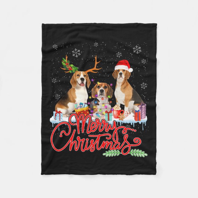 Frohe Weihnachts-Beagle Dog Santa Reindeer Light X Fleecedecke (Vorderseite)