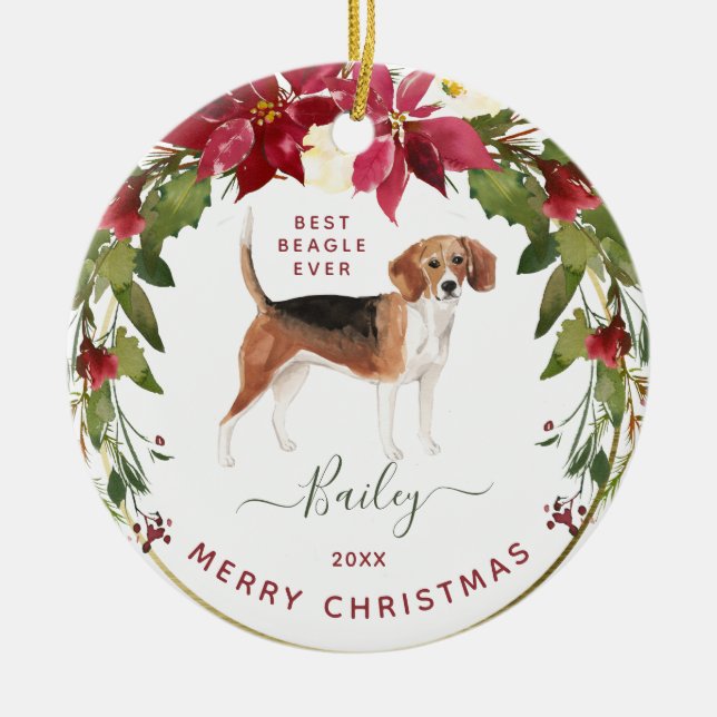 Frohe Weihnachts-Beagle | Foto Ihres Hundes hinzuf Keramik Ornament (Vorne)