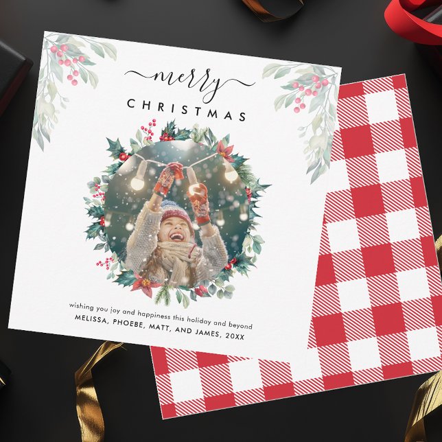 Frohe Weihnachts-Berries-Foto Mitteilungskarte (Christmas Greetings Photo Rustic Plaid Red and White Checkered Card)