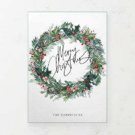 Frohe Weihnachts Berry Wreath Holiday Foto Card Dreifach Gefaltete Einladung