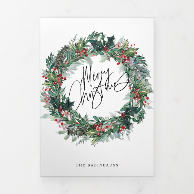 Frohe Weihnachts Berry Wreath Holiday Foto Card Dreifach Gefaltete Einladung (Cover)
