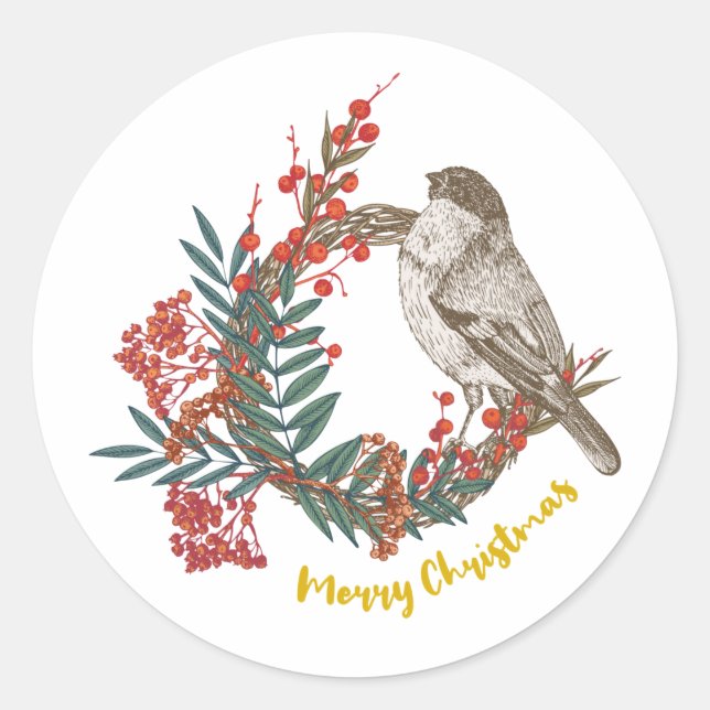 Frohe Weihnachts-Bird-Wreath Runder Aufkleber (Vorderseite)
