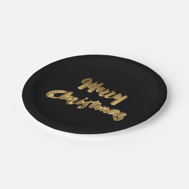 Frohe Weihnachts Black Gold Handwriting Typografie Pappteller (Schrägansicht)