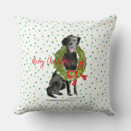 Frohe Weihnachts Black Lab Hund Wreath Holly Famil Kissen