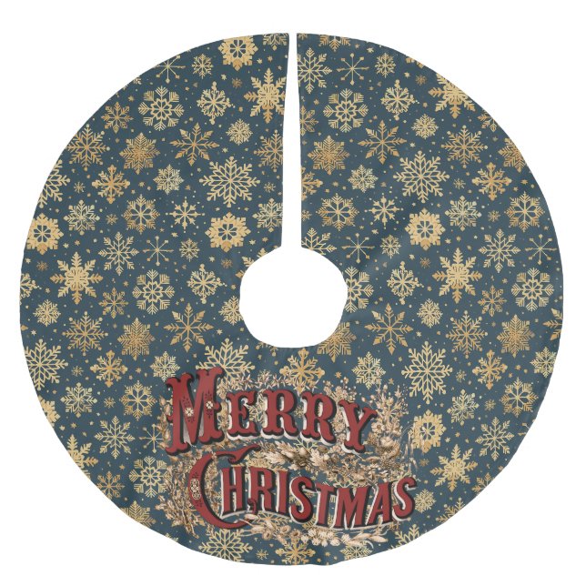 Frohe Weihnachts Blau mit Gold Snowflakes Polyester Weihnachtsbaumdecke (Vorderseite)