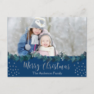 Frohe Weihnachts Blau und Silberfussstars Foto Feiertagspostkarte