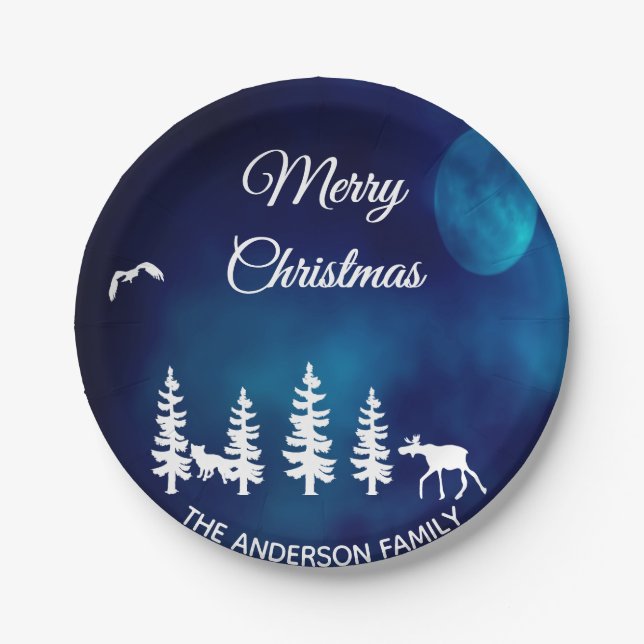 Frohe Weihnachts blaue Nacht Mondwald Pappteller (Vorderseite)