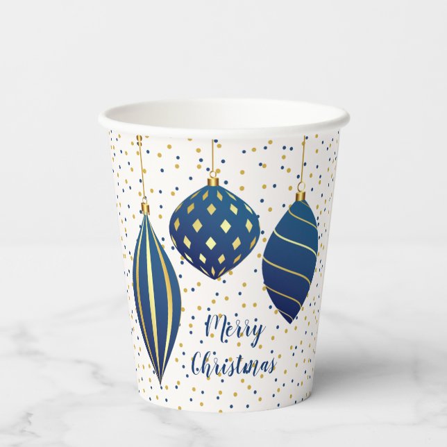 Frohe Weihnachts Blue Gold Ornaments Pappbecher (Rückseite)