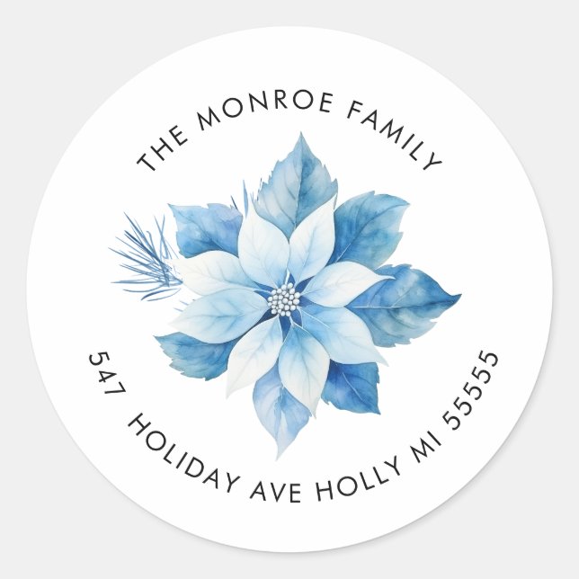 Frohe Weihnachts Blue Poinsettia Adresse Aufkleber (Vorderseite)