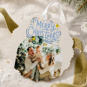 Frohe Weihnachts Blue Typografy Arched Foto Ornament Karte