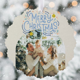 Frohe Weihnachts Blue Typografy Arched Foto Ornament Karte