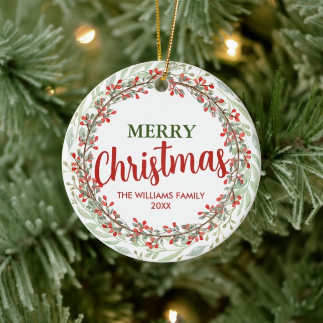 Frohe Weihnachts-Blume Wreath Familienname Keramik Ornament (Baum)