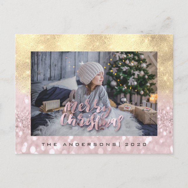 Frohe Weihnachts-Blush FauxGold Spark Foto Glitzer Postkarte (Vorderseite)