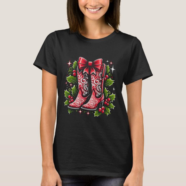 Frohe Weihnachts Bright Cowgirl Boot Xmas Western  T-Shirt (Vorderseite)