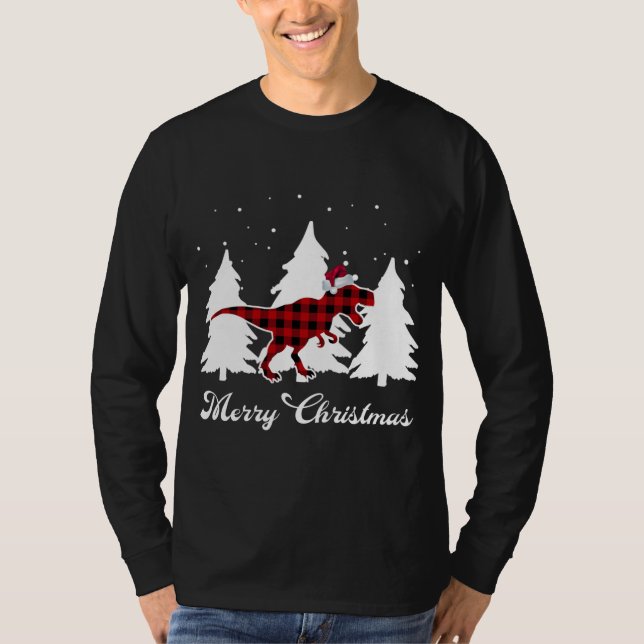 Frohe Weihnachts Buffalo Kariert Dinosaurier Santa T-Shirt (Vorderseite)