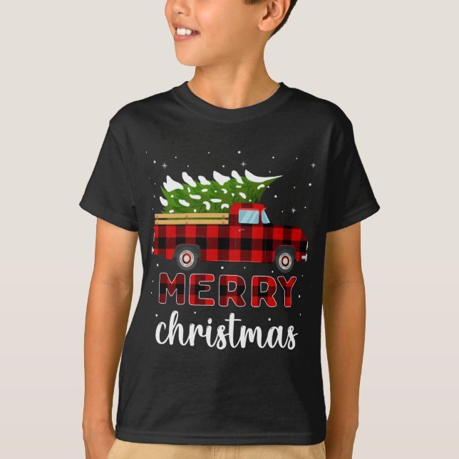 Frohe Weihnachts Buffalo Truck Tree Red Kariert T-Shirt (Vorderseite)