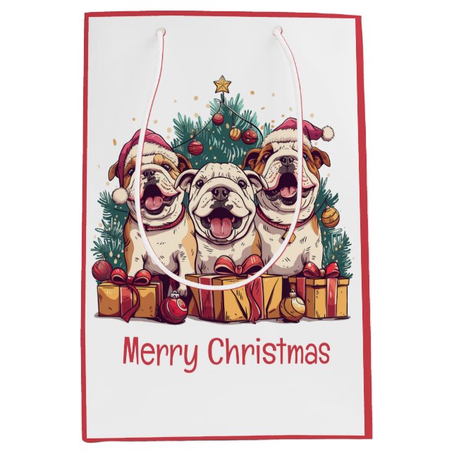 Frohe Weihnachts-Bulldog-Weihnachtsmannmützen Mittlere Geschenktüte (Vorderseite)