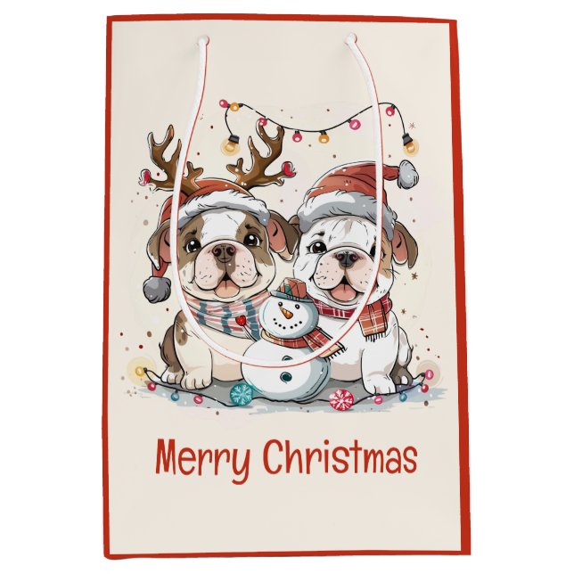 Frohe Weihnachts-Bulldogs Mittlere Geschenktüte (Vorderseite)