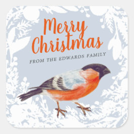 Frohe Weihnachts Bullfinch Bird Snowy Wreath Winte Quadratischer Aufkleber