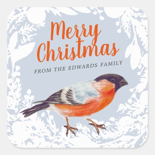 Frohe Weihnachts Bullfinch Bird Snowy Wreath Winte Quadratischer Aufkleber (Vorderseite)