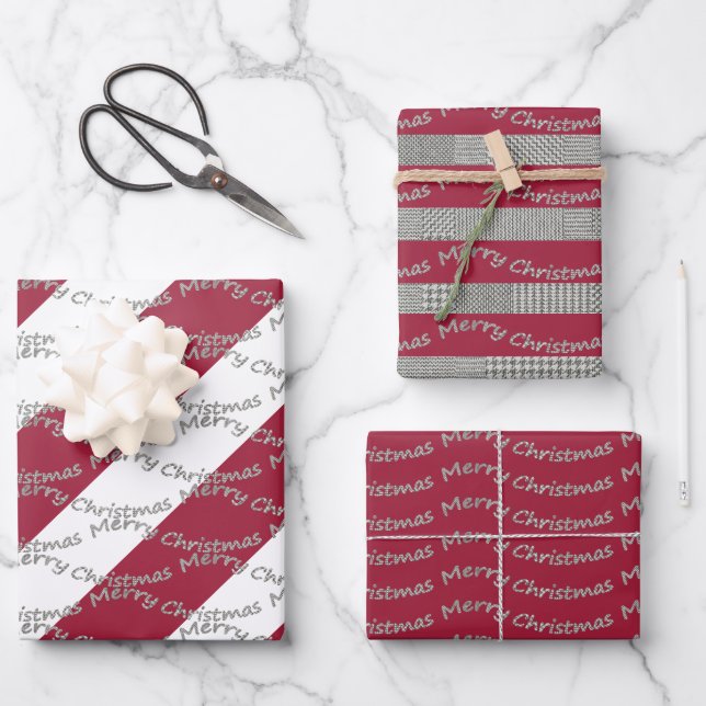 Frohe Weihnachts Burgund Hahnentrittmuster Pattern Geschenkpapier Set (Vorderseite)