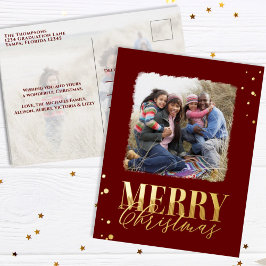 Frohe Weihnachts Burgundy Calligraphy Two Foto Folien Feiertagspostkarte