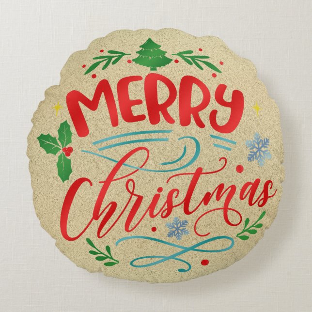 Frohe Weihnachts-Burlap-Design Rundes Kissen (Vorderseite)