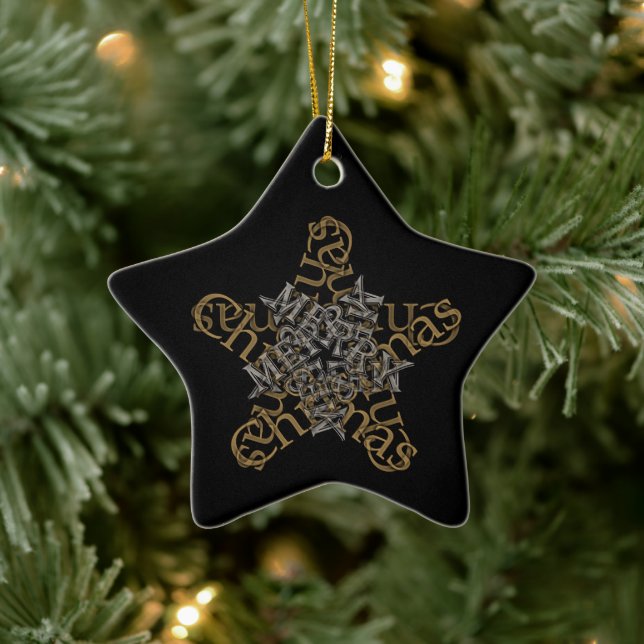 Frohe Weihnachts-Calligrafy Star auf Black Keramik Ornament (Baum)