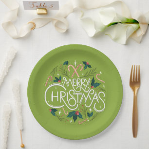 Frohe Weihnachts Candy Cane & Holly Name Jahr Grün Pappteller