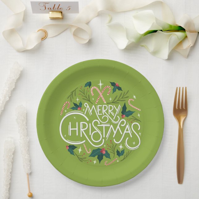 Frohe Weihnachts Candy Cane & Holly Name Jahr Grün Pappteller (Hochzeit)