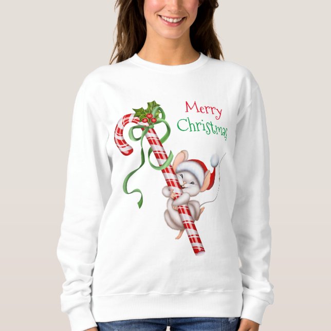 Frohe Weihnachts Candy Cane Mouse Niedlich Urlaub Sweatshirt (Vorderseite)