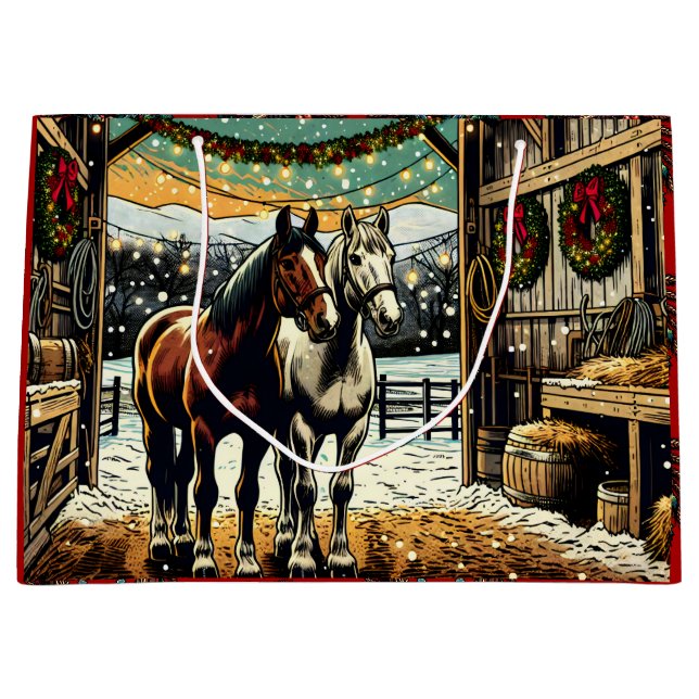 Frohe Weihnachts-Cartoon Pferde Große Geschenktüte (Vorderseite)
