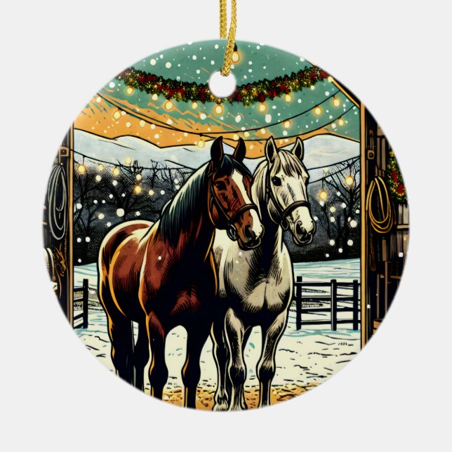 Frohe Weihnachts-Cartoon Pferde Keramik Ornament (Vorne)
