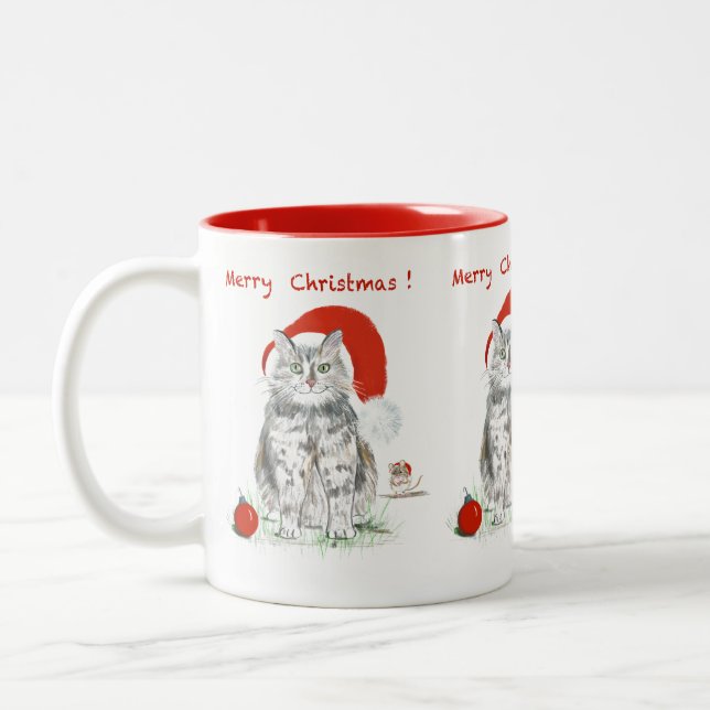 Frohe Weihnachts-Cat und Maus-Tasse Zweifarbige Tasse (Links)